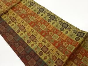 格子に菱・亀甲・草花模様織出し名古屋帯